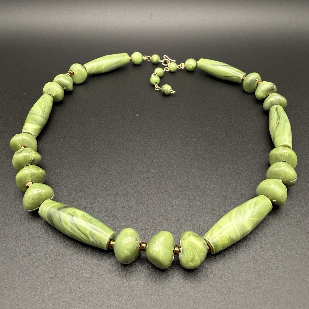 Vintage 1960 Green Marbled Lucite Bead Necklace Bronze Spacer Chunky Mid Century